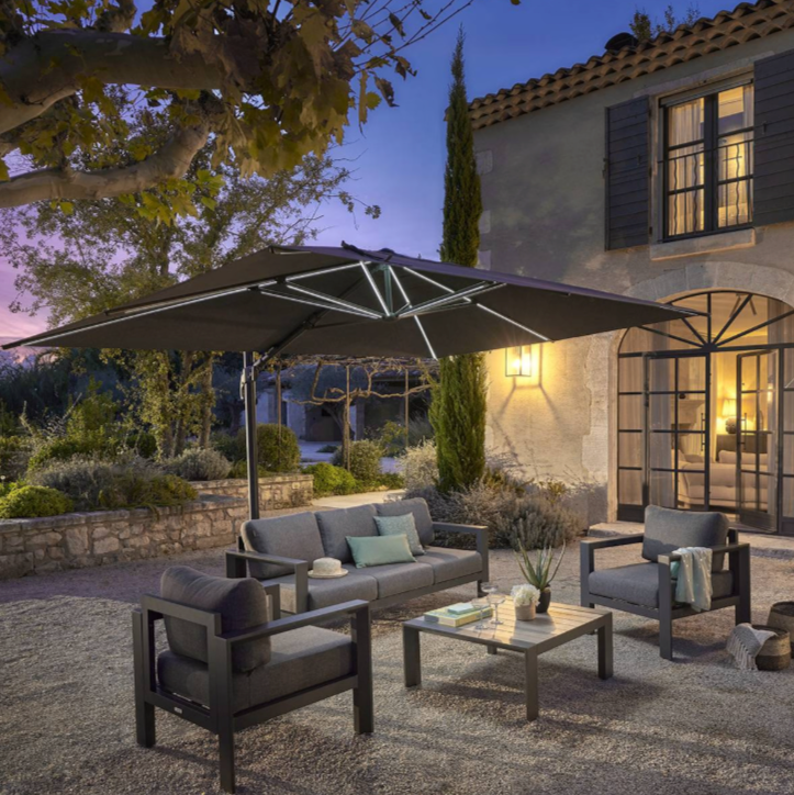 Parasol déporté rectangulaire MELHIA Anthracite avec LED